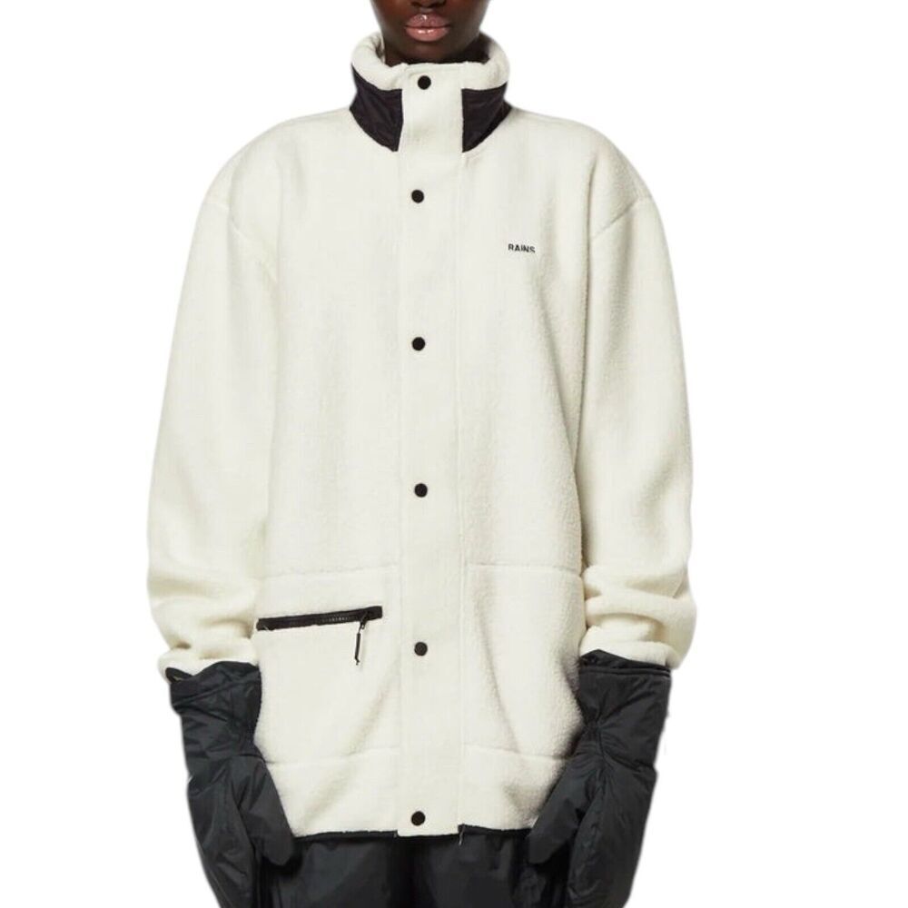 RAINS Heavy Fleece Jacket WMNS XL‎ White Long Snap Button Up Boxy Teddy Fossil